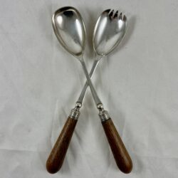 English Sheffield Silver & Oak Handled Salad Fork & Spoon Serving Pair, c.1886